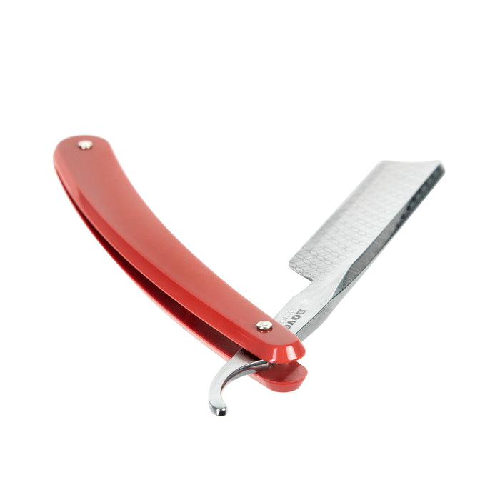 Beginner-friendly cut throat razor with red acrylic handle