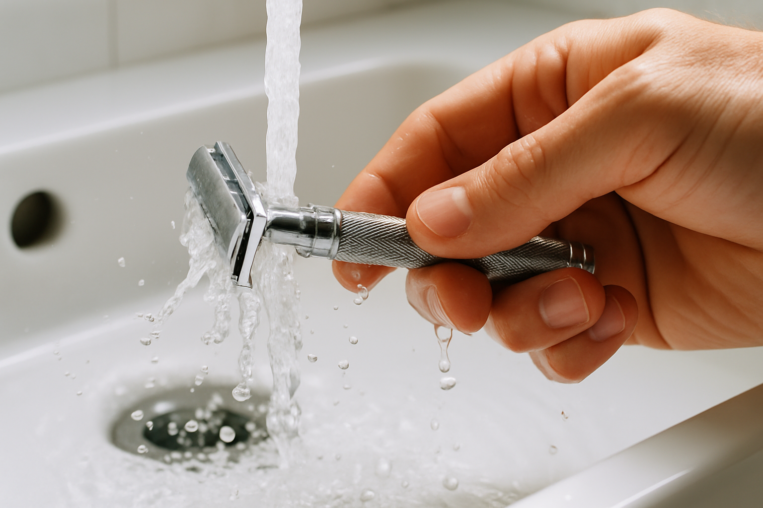 Cleaning a safety razor under running water
