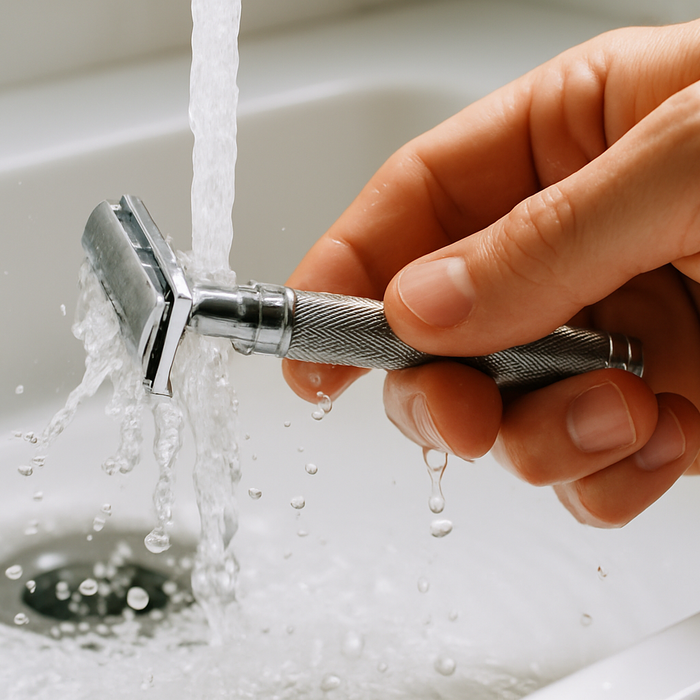 Cleaning a safety razor under running water