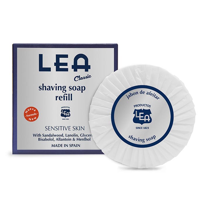 Shaving soap puck for creamy lather in bowl or mug, hydrates and protects skin