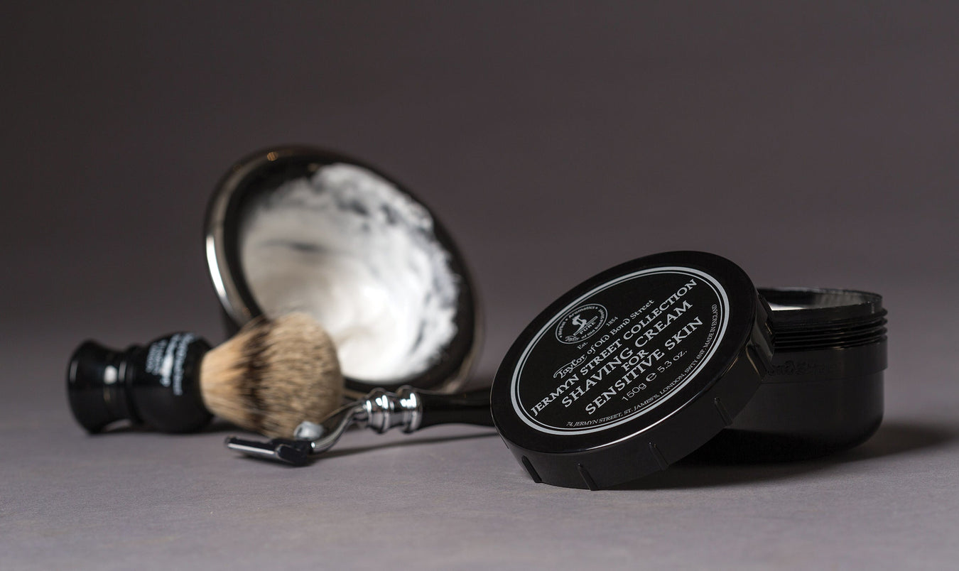 Jermyn Street shaving products for men with reactive skin, featuring paraben-free, hydrating formulas and a refined citrus-wood scent.