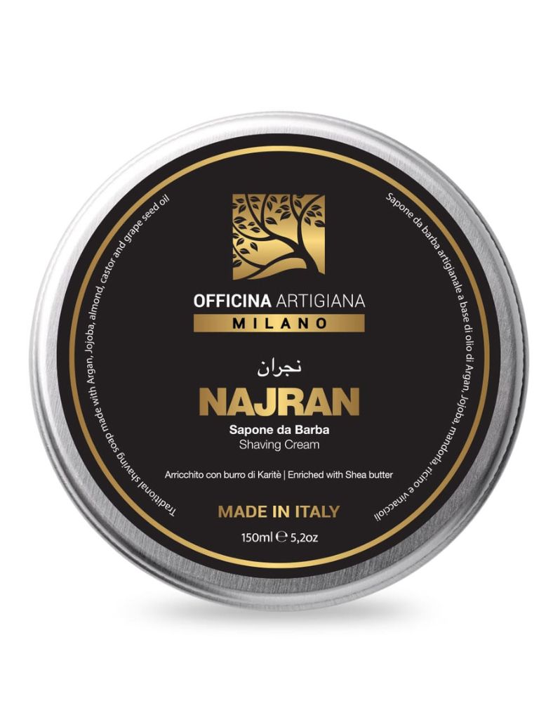 Officina Artigiana shaving soap in glass jar with creamy texture and artisanal Italian grooming branding