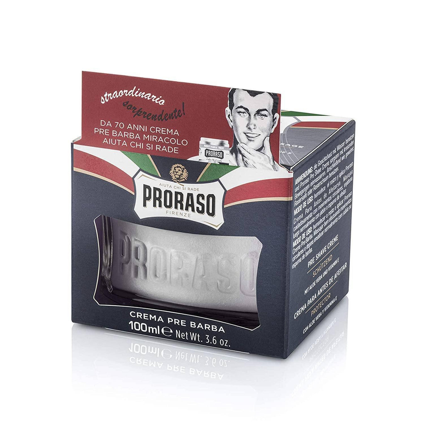Proraso Blue Line shaving products with aloe vera, vitamin E, and a spicy amber musk fragrance for skin protection and hydration