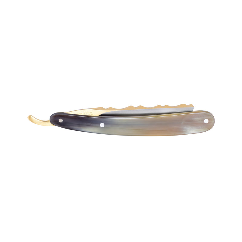 Dovo - "Bergischer Löwe" Straight Razor, African Cow Horn Handle, Spanish Point, 6/8"