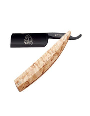 A straight razor with a black blade and birch wood handle, engraved with a lion and the name 'Arena Savannah'. The blade has a traditional square point.