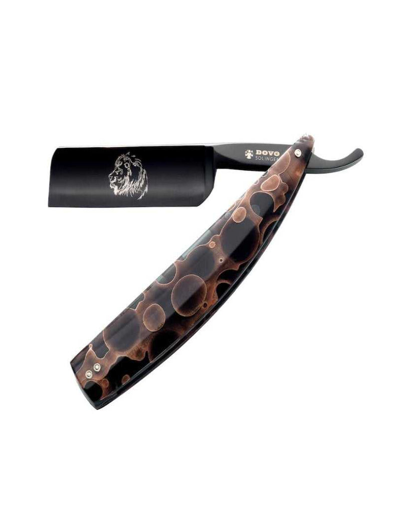 Dovo Arena  straight razor with a dark brown acrylic handle featuring a lion engraving and text from Theodore Roosevelt's speech.