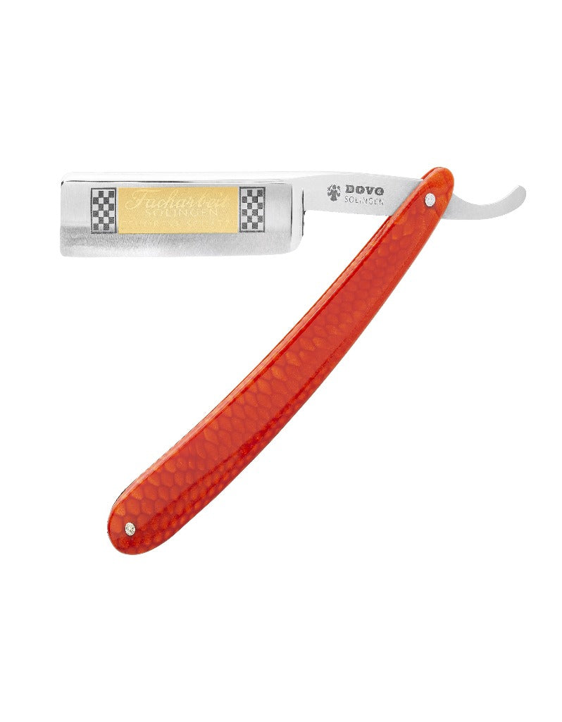 A straight razor with a red acrylic handle and stainless steel blade, featuring a square point design and engraved serial number.