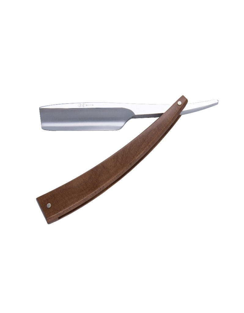 A straight razor with a beech wood handle and an inverted Turkish point. The blade is silver steel and the handle is brown.