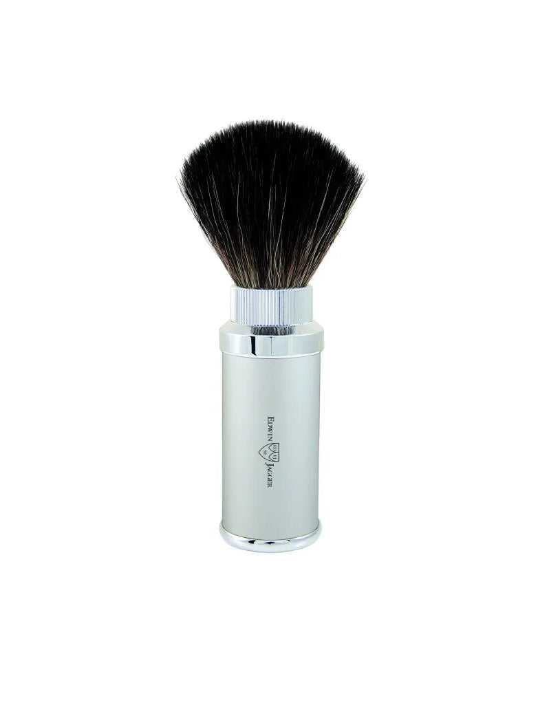edwin jagger chrome travel shaving brush with black synthetic bristles and silver storage handle made in england