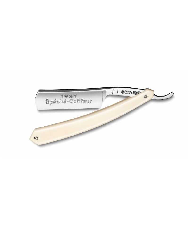 A Thiers Issard special coiffeur straight razor with a round point, 5/8 size, featuring a polished silver blade with black mark on the blade's surface, and a gold-colored handle. The razor is displayed in an open position.
