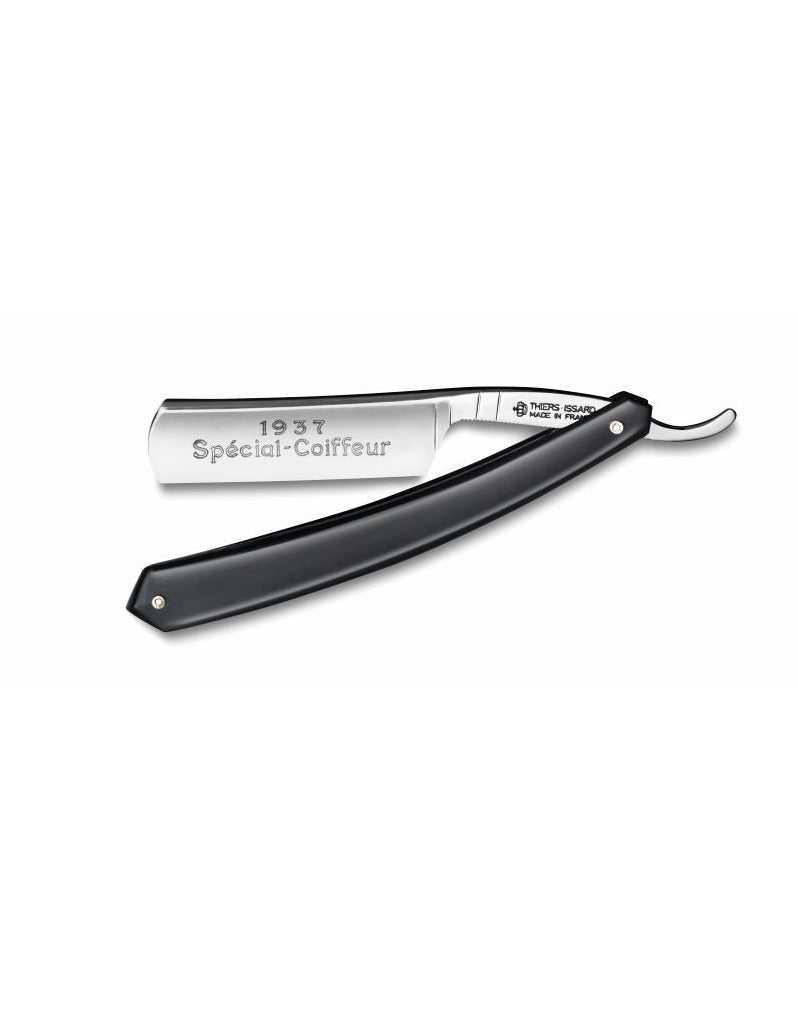 Black handle straight razor from Thiers Issard. Engraved 1937 Special Coiffeur