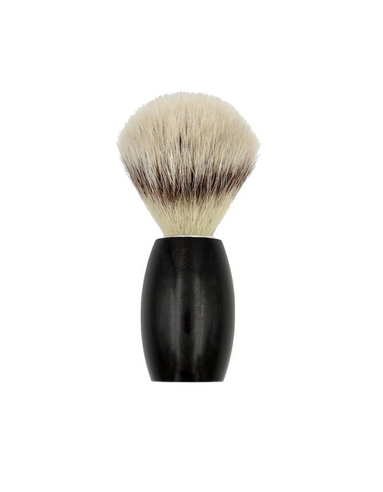 Medium-heavy shaving brush (67g) with synthetic bristles and a durable ebony wood handle. Ideal for vegan users, it creates creamy lather and offers a gentle shave.