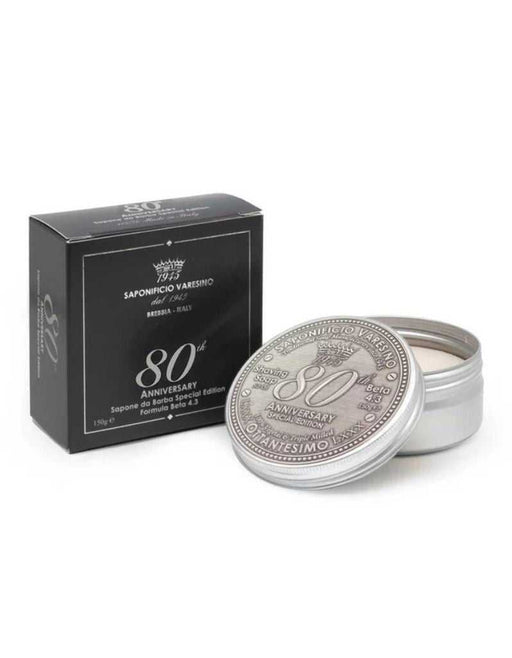 Silver anniversary soap in a tin with black packaging on a white background