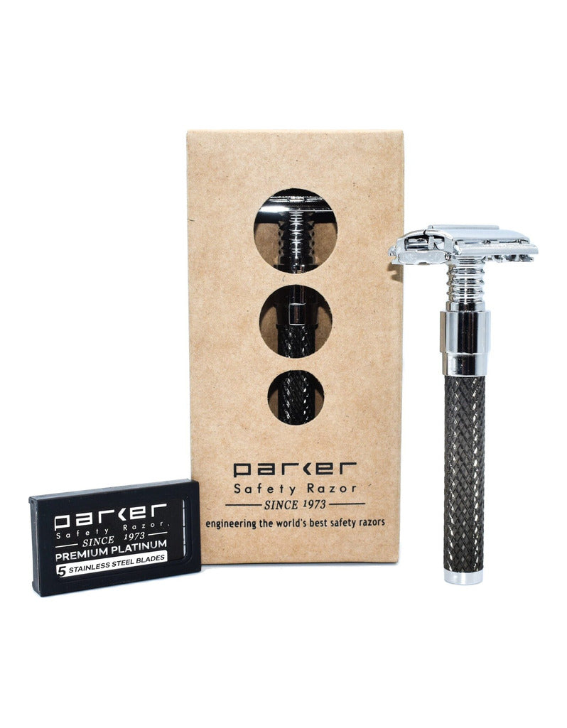 Parker 92R graphite safety razor standing beside its kraft gift box and a 5 pack of Parker Premium Platinum blades