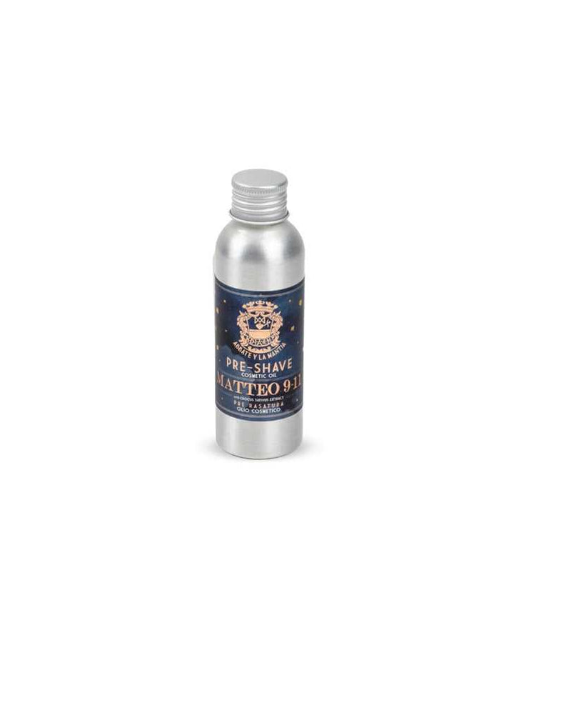 A bottle of Matteo 9-11 Pre-Shave Oil with label featuring product name and branding.