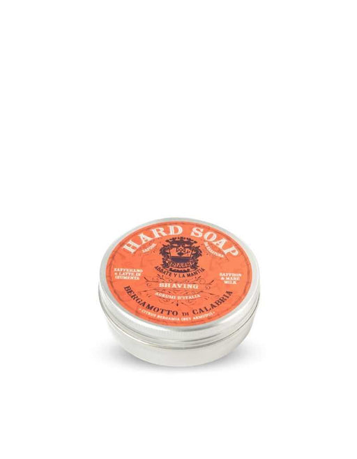 Shaving soap with mare’s milk and saffron in a metal tin, ideal for sensitive skin and traditional wet shaving