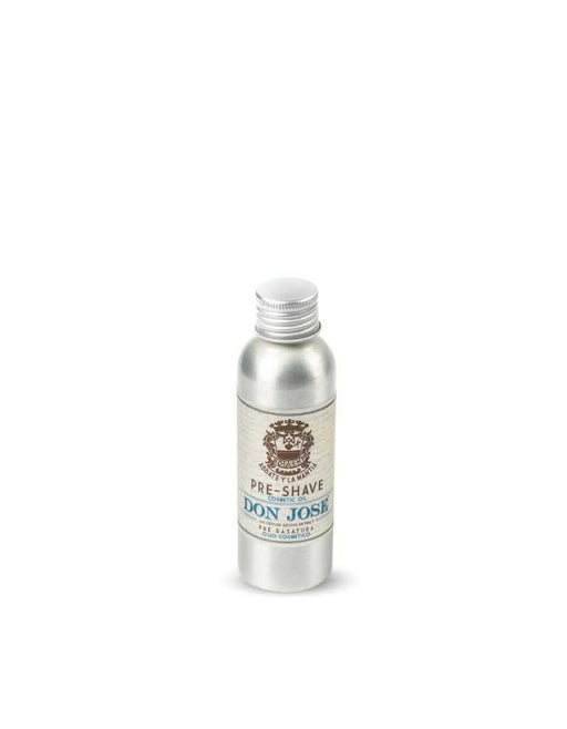 A bottle of Don Jose' Pre-Shave Oil with a label that includes the product name and the phrase 'Pre-Shave Oil' in a classic font.