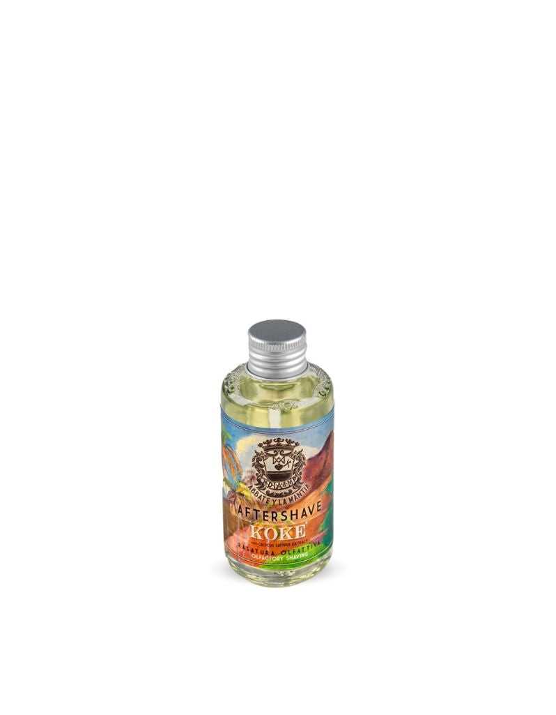 A bottle of Abbate y La Mantia Koke Alcoholic Aftershave Lotion with a label featuring a lion and the product information.