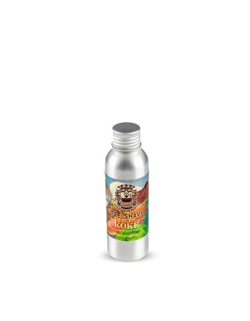 A bottle of Abbate y La Mantia Koke' Pre-Shave Oil with a label that includes the brand name, product name, and additional descriptive text.