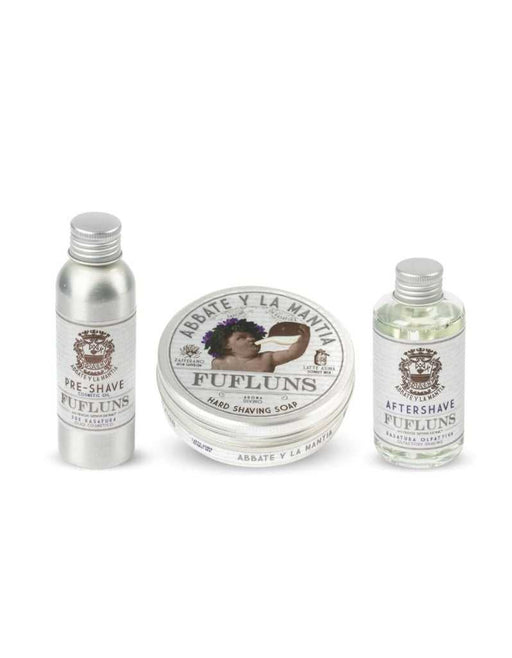 A set of three grooming products in a gift box, including a pre-shave oil, shaving soap, and aftershave lotion, all labeled 'FUFLUNS'.