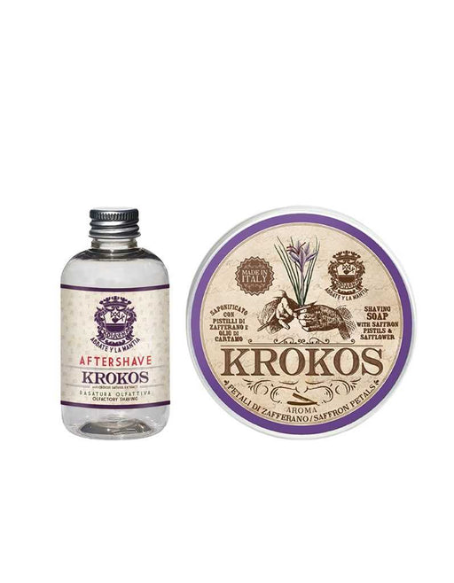 Krokos aftershave bottle and shaving soap bar on a white background