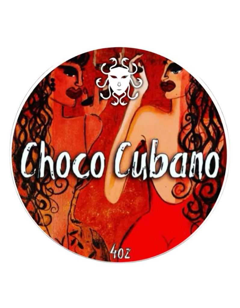 Round label for Choco Cubano Shaving Soap with artistic design of two women and a logo.