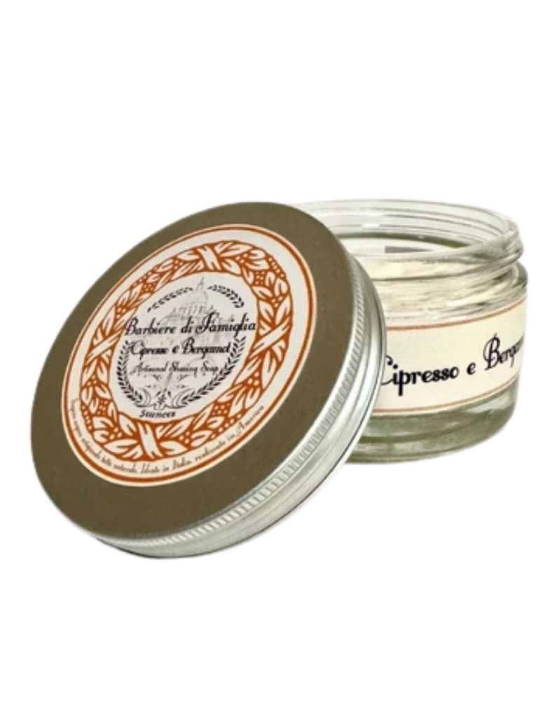 Barbieri Di Famiglia Bergamot Shaving Soap in a glass jar