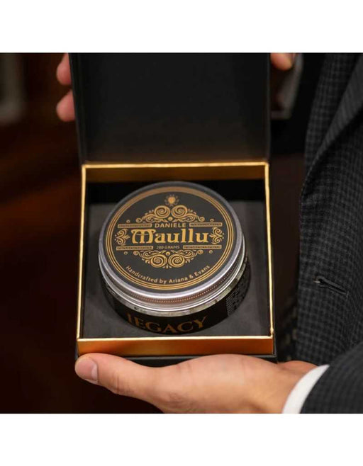 Daniele Maullu Legacy shaving soap in black and gold box, luxury grooming product, handcrafted by Ariana & Evans