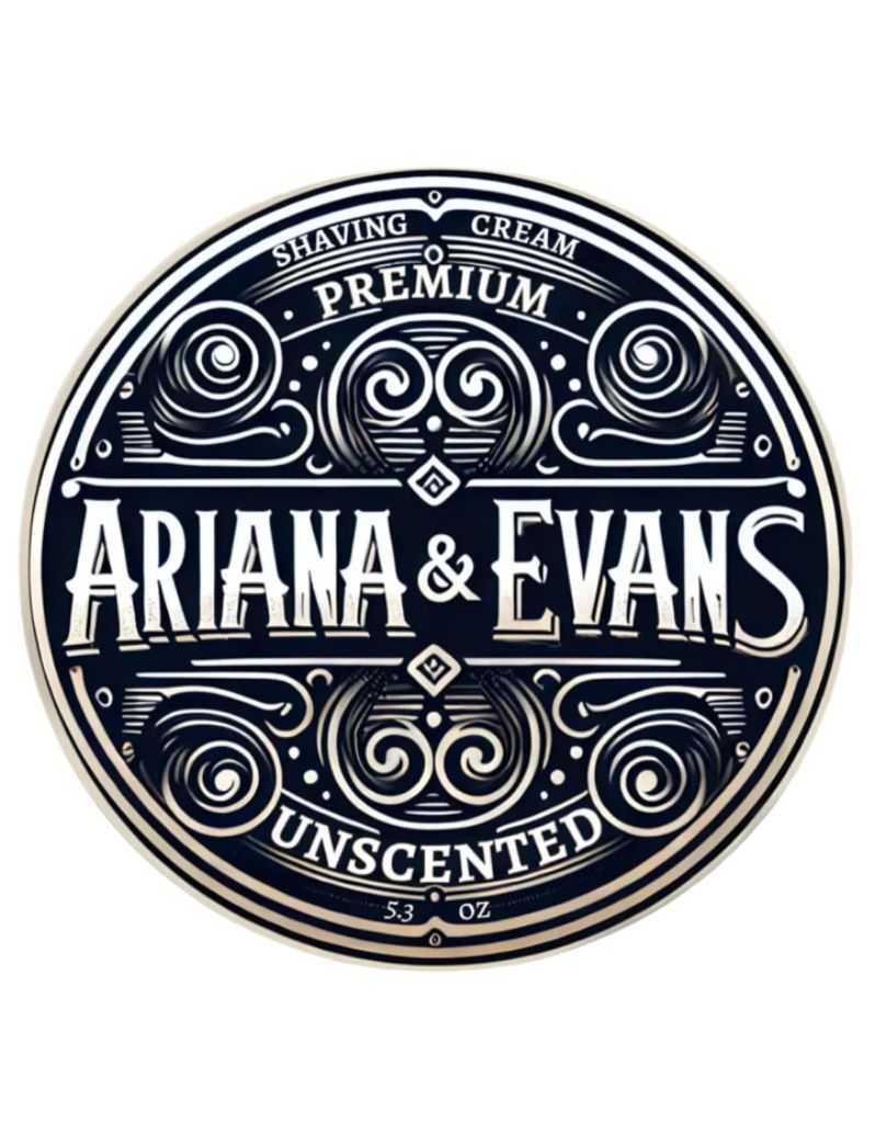 Ariana & Evans Unscented shaving cream label with decorative elements on a white background