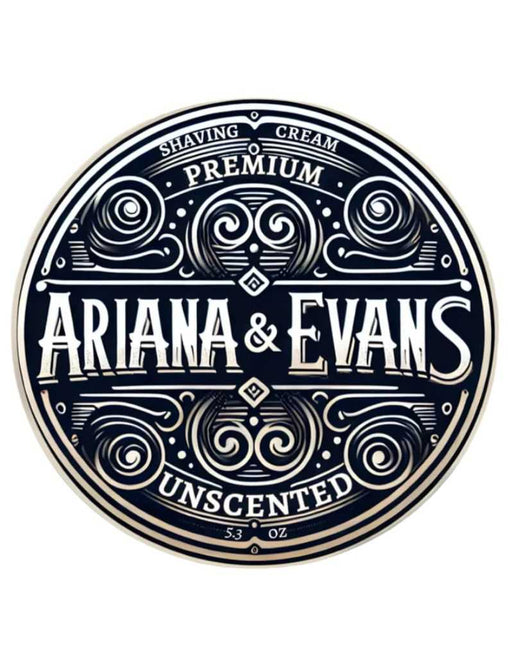 Ariana & Evans Unscented shaving cream label with decorative elements on a white background