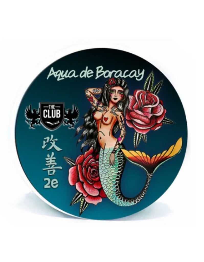 Circular product with mermaid design and 'Aqua de Boracay' branding on a blue background
