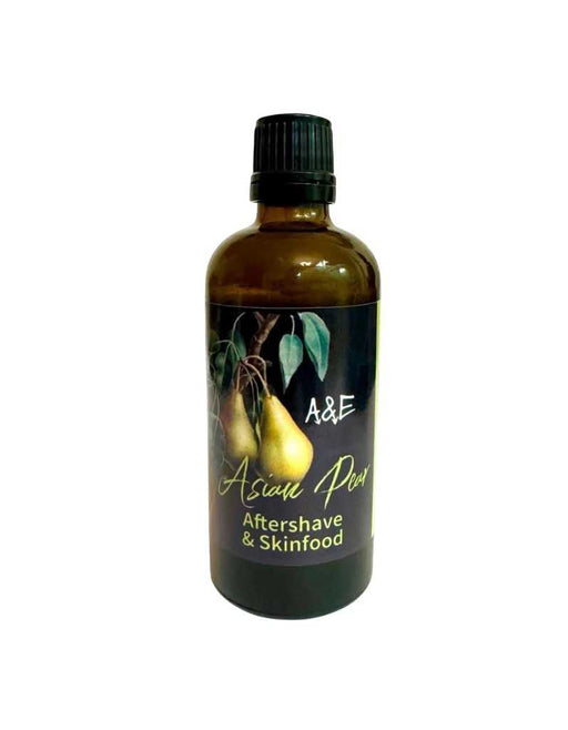 Bottle of A&E Asian Pear aftershave and skincare product on a white background