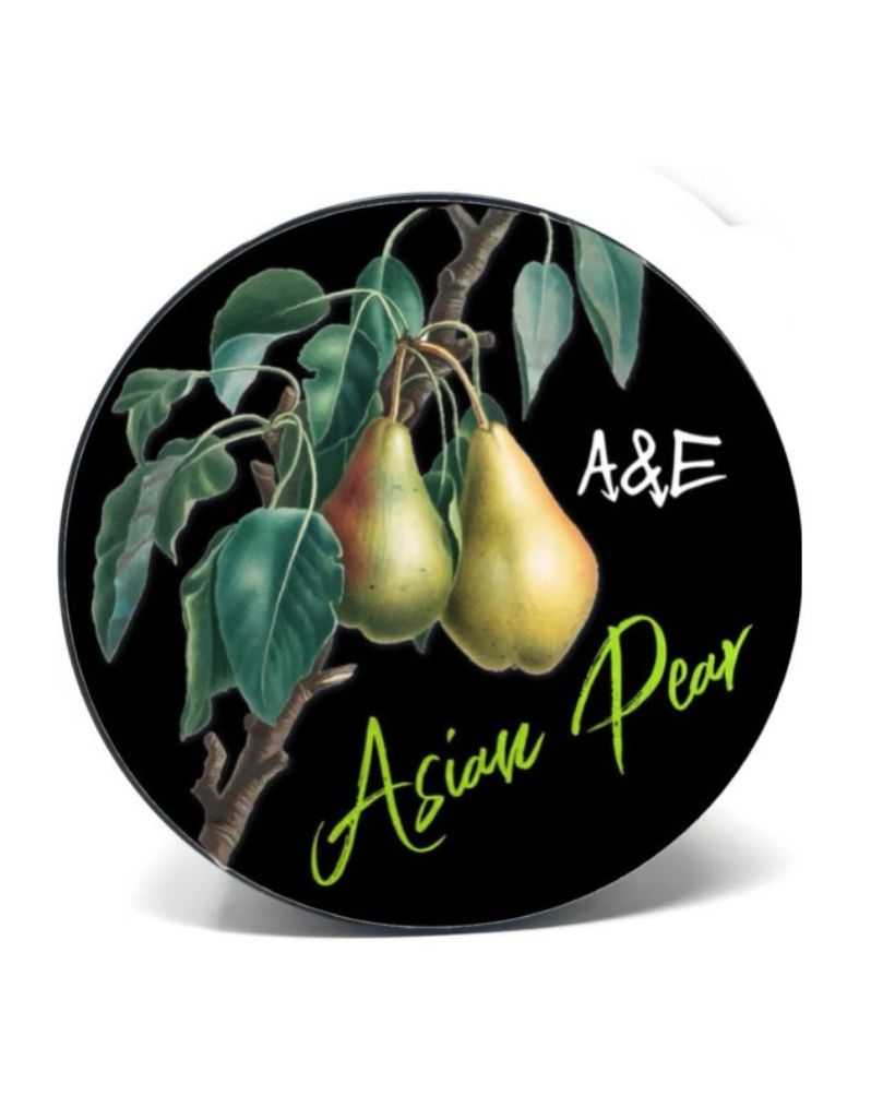 Decorative plate with Asian pear illustration and 'A&E' branding on a black background