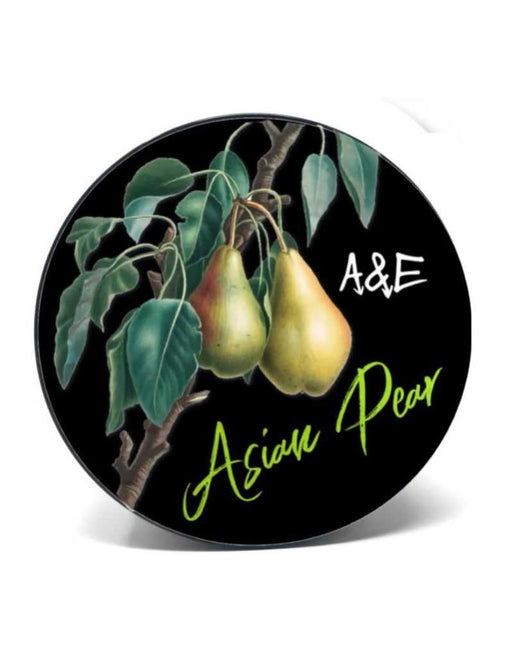Decorative plate with Asian pear illustration and 'A&E' branding on a black background