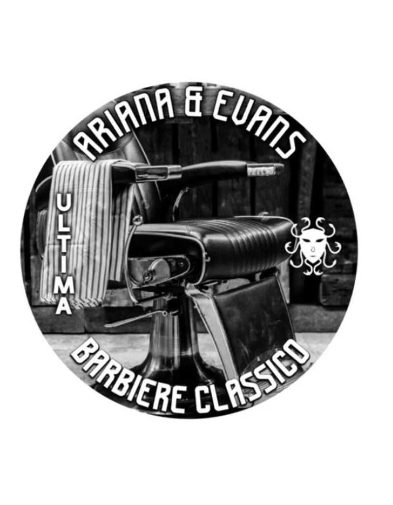 Black and white image of a barber chair with 'Ariana & Evans' branding. Barbiere Classico Shaving Cream