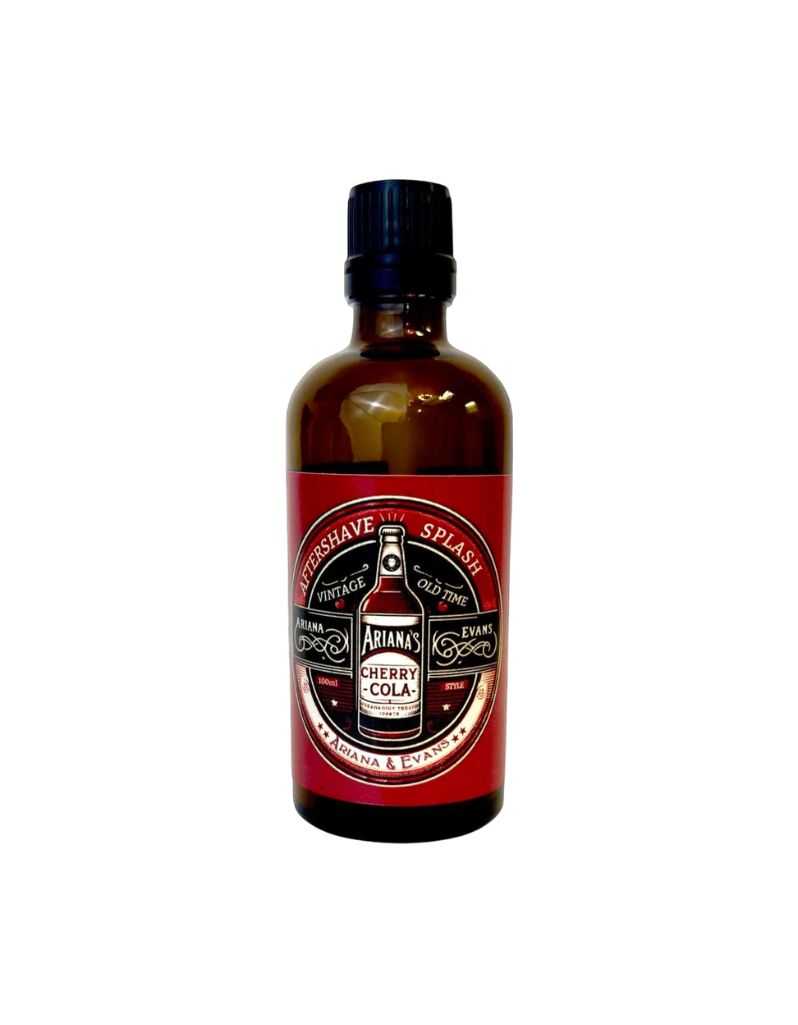 Bottle of Cherry Cola flavor Aftershave Splash with a red label on a white background