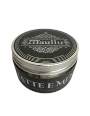 Close-up of Ariana & Evans Daniele Maullu Latte e Menta shaving soap jar with black and silver packaging