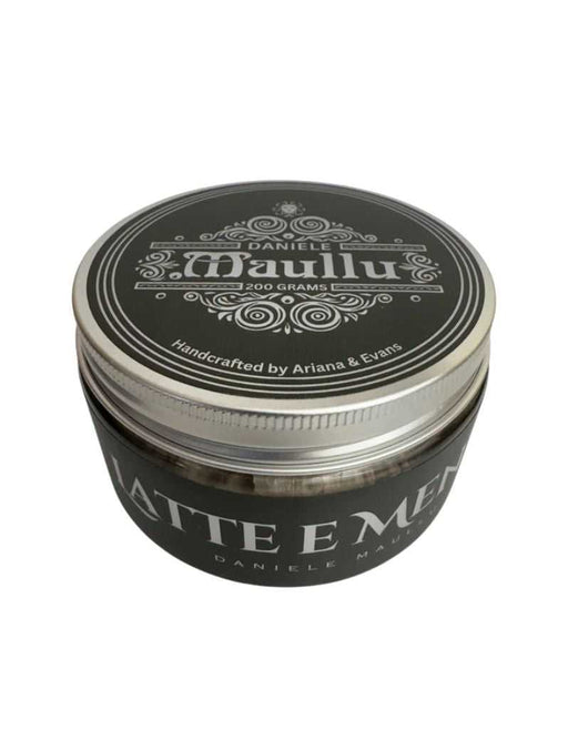 Close-up of Ariana & Evans Daniele Maullu Latte e Menta shaving soap jar with black and silver packaging
