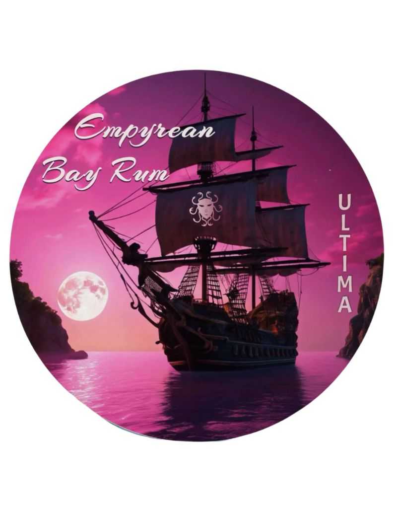 Round soap jar with an image of a sailing ship at sunset, titled 'Empyrean Bay Rum' with the Ariana & Evans logo and 'ULTIMA' on it.