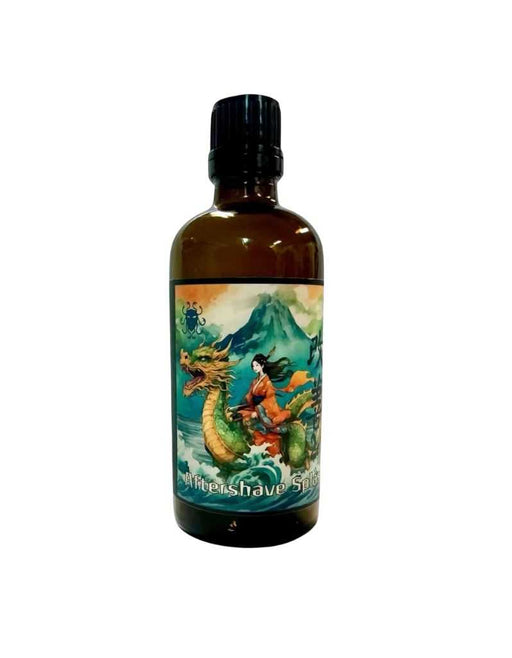 Bottle of Kaizen Aftershave Splash with a colorful label featuring a dragon and mountain scene on a white background