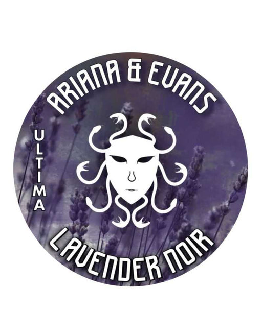Round label with 'Ariana & Evans' branding and lavender design on a white background