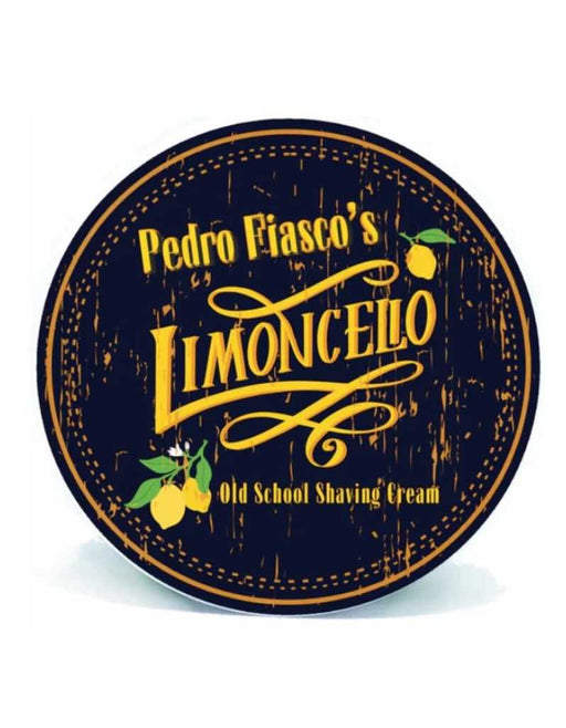 Pedro Fiasco's Limoncello shaving cream container with lemon illustrations on a white background