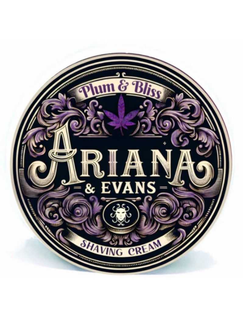 Ariana & Evans shaving cream container with decorative label on a white background. Plum & Bliss