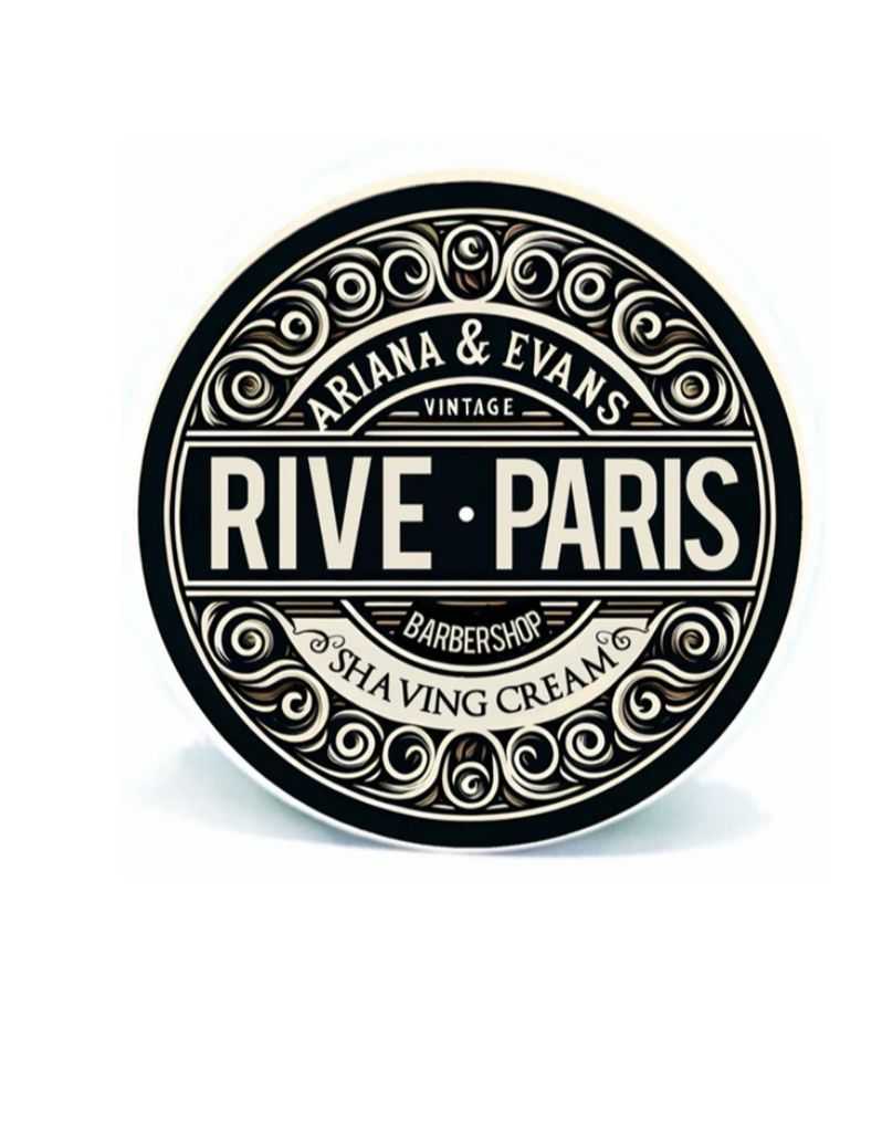 Rive Paris shaving cream label with decorative text on a white background