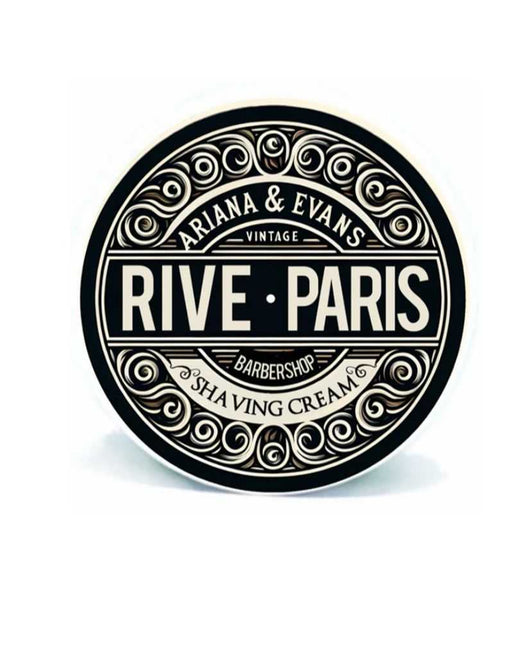 Rive Paris shaving cream label with decorative text on a white background