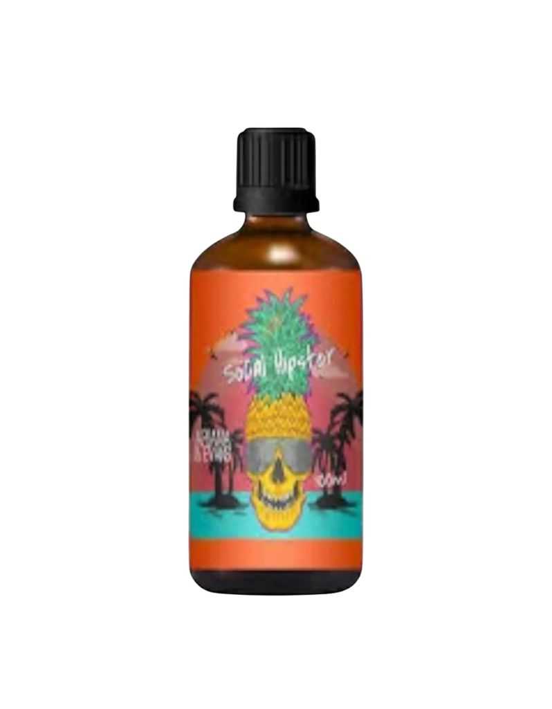 Socal Hipster Aftershave Bottle with colorful label featuring a pineapple and palm trees on a white background