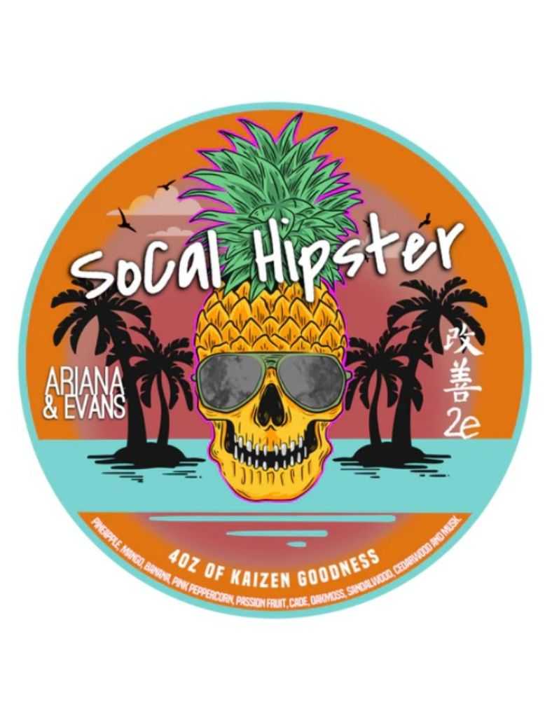 Round label with pineapple skull design, 'SoCal Hipster' text, and palm trees on a colorful background.