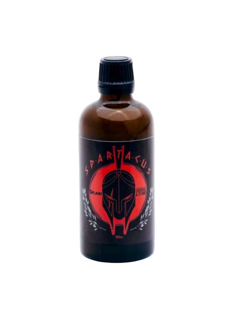 Brown bottle with black cap and red label featuring Spartacus Aftershave