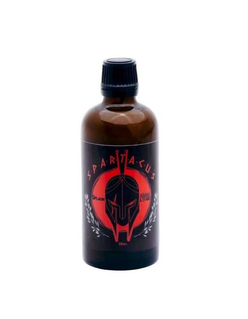Brown bottle with black cap and red label featuring Spartacus Aftershave