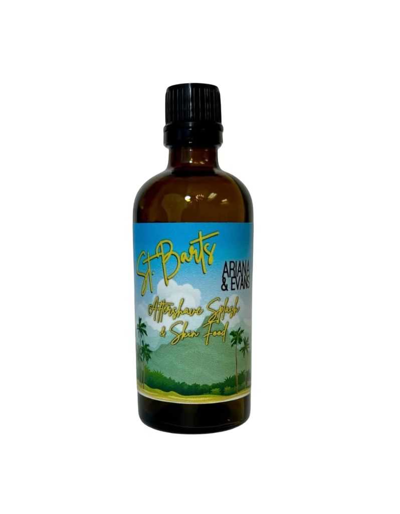 Bottle of St. Barts Aftershave Splash with a scenic label on a white background